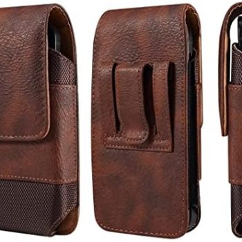 Cell Phone Belt Clip Bag Leather, Mobile Phone Blet Pouch Mens, Universal Waterproof Leather Smartphone Belt Loop Holster with Card Holder Carabiner Hook Wallet Purse Pocket for Outdoor Sport Travel