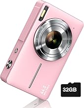 Digital Camera, FHD 1080P Digital Point and Shoot Camera with 16X Zoom Anti Shake, 32GB Card, Compact Small Camera for Boys Girls Kids, Pink