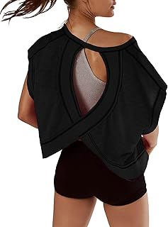 Women Short Sleeve Workout Shirts Open Back Tops Casual Yoga Y2k Athletic Gym Slouchy Crop Running Tees