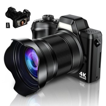 4K Digital Camera for Photography, 56MP Autofocus Vlogging Camera for YouTube Travel, 3″ 180°Flip Screen & Lens Hood 16X Zoom, 32GB SD Card for Teens & Beginners Carbon Black