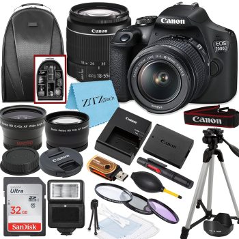 Canon EOS 2000D / Rebel T7 DSLR Camera with EF-S 18-55mm Lens + SanDisk 32GB Card Tripod Case Wideangle Lenses ZeeTech Accessory Bundle (20pc Bundle) (18-55MM, Card) Black…