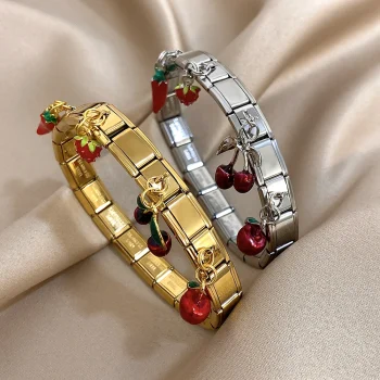 Geometric Square Stainless Steel Elastic Strap Bangle Bracelets for Women Strawberry Cherry Apple Pendant Bracelets Hand Jewelry &ndash; AliExpress 36