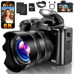 8K Digital Camera, 88MP WiFi Cameras for Photography with 3.2″ Touchscreen, Autofocus, 16X Zoom, Anti-Shake, Dual Lens Vlogging Camera for YouTube, 2 Batteries, 64GB Card & Flash