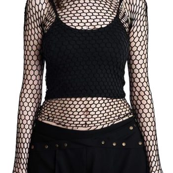 Honeycomb Mesh Long Sleeve Tops Tight Fitting Hex Fishnet Blouse T Shirts for Rave Women Men