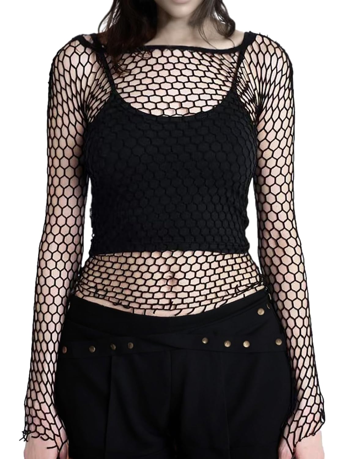Honeycomb Mesh Long Sleeve Tops Tight Fitting Hex Fishnet Blouse T Shirts for Rave Women Men Honeycomb Mesh Long Sleeve Tops Tight Fitting Hex Fishnet Blouse T Shirts for Rave Women Men