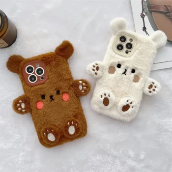 Korean 3D Cartoon Bear Fluffy Plush Couple Phone Case For iPhone 17 Air 16 15 14 13 12 11 Pro Max Shockproof Protective Cover &ndash; AliExpress 202192403