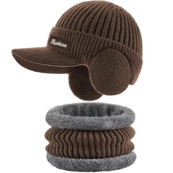 Winter Hat with Ear Flaps for Men, Beanie with Brim Hat Scarf Set, Warm Fleece Lined Skull Cap Neck Warmer for Women