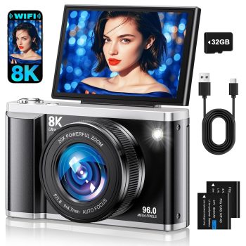 8K Digital Camera for Photography with WiFi 96MP Autofocus Vlogging Camera for YouTube Video 3.5” 180°Flip Screen 20X Zoom Anti-Shake Compact Point and Shoot Cameras for…