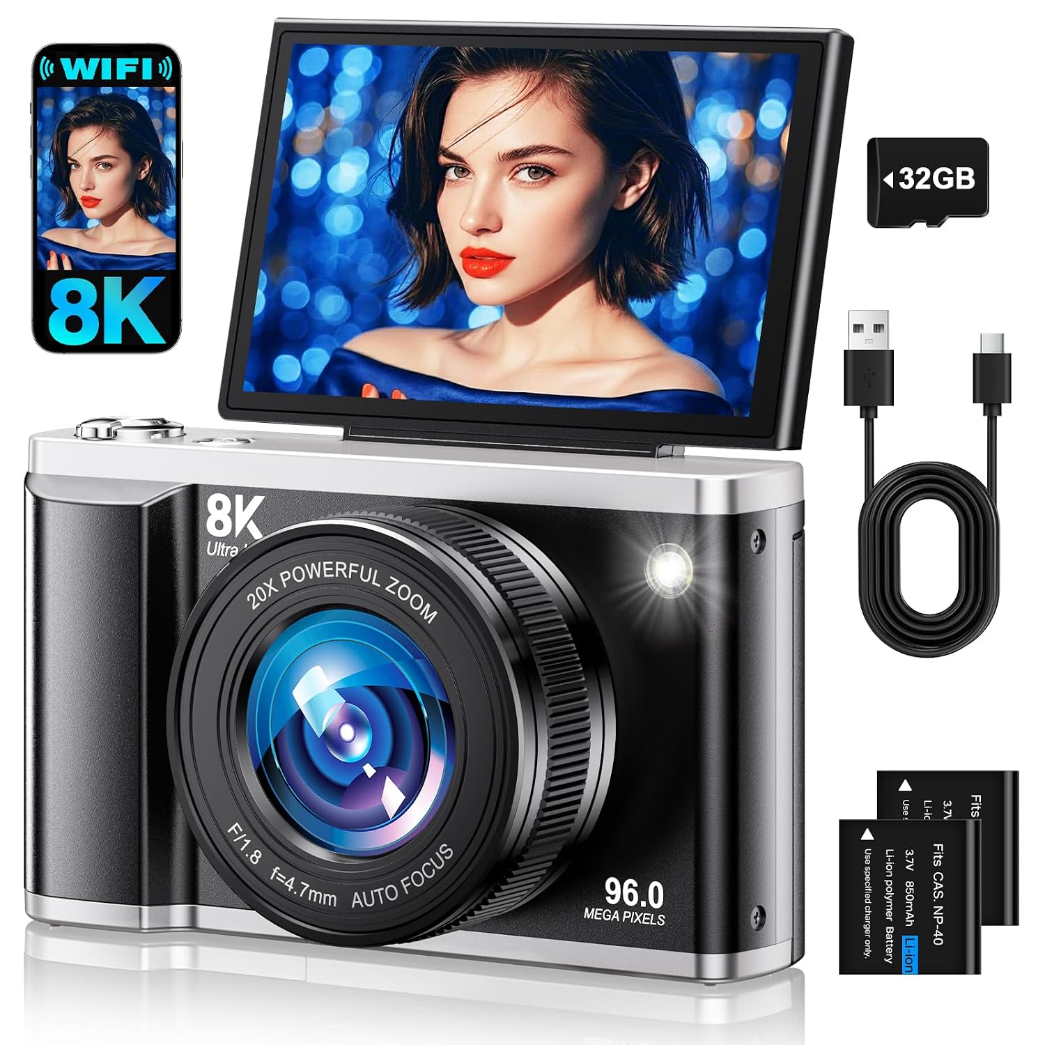 8K Digital Camera for Photography with WiFi 96MP Autofocus Vlogging Camera for YouTube Video 3.5'' 180°Flip Screen 20X Zoom Anti-Shake Compact Point and Shoot Cameras for... 8K Digital Camera for Photography with WiFi 96MP Autofocus Vlogging Camera for YouTube Video 3.5'' 180°Flip Screen 20X Zoom Anti-Shake Compact Point and Shoot Cameras for...