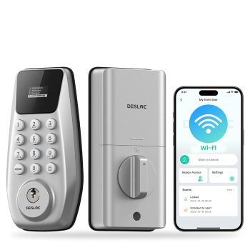 DESLOC C100 Plus Built-in WiFi Smart Lock, Keyless Entry Door Lock with Display, Keypad Deadbolt for Front Door, App Remote Control, Anti-Peeping Password, BHMA Grade 3, Silver