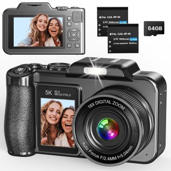 Digital Camera, 5K 80MP 3.5″+2″ Dual Screen Cameras for Photography Autofocus, 18X Digital Zoom Vlogging Camera for YouTube, Travel, Beginners, Include 64GB Card and 2…