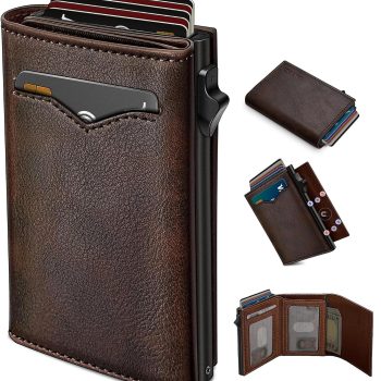 miyozi Wallet for Men,with Cash Pocket 2 ID Window 9-13 Cards,Metal Case Smart Slim Pop Up Credit Card Holder Flip with Magnetic Closure RFID Blocking Trifold wallet with Gift Box