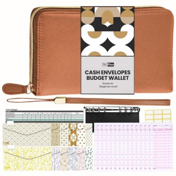 Three Way Cut Cash Envelope Wallet Brown All in One Budget System RFID Blocking with 12x Tabbed Envelopes 12x Monthly Budget Cards 1x Yearly Budget Planner Sheet Complete Money…