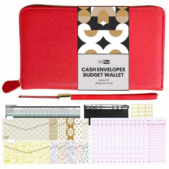 Three Way Cut Cash Envelope Wallet Red All in One Budget System RFID Blocking with 12x Tabbed Envelopes 12x Monthly Budget Cards 1x Yearly Budget Planner Sheet Complete Money…