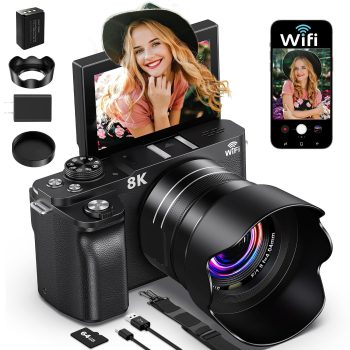 8K Digital Camera, 88MP Cameras for Photography, WiFi Vlogging Camera for YouTube with 3″ 180° Flip Screen, 18X Zoom UHD Autofocus Video Camara with Lens Hood, 64GB Card