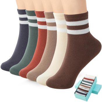 SISOSOCK Quarter Crew Cotton Socks for Women Striped Athletic Casual Breathable Socks 6 Pairs with Gifts Box