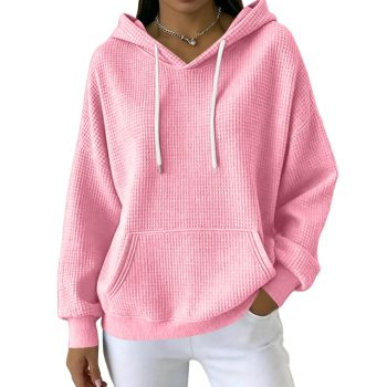 Women Casual Waffle Grid Textured Pullover Hoodie Contrast Drawstring Pocket Loose Long Sleeve Sweatshirts